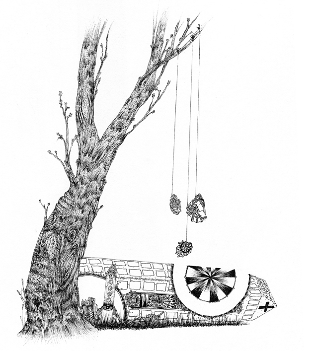 Black ink drawing of a fallen building under a tree against a white background